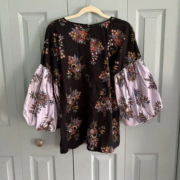 LOFT Womens Floral Puff Sleeve Blouse Large Button Back Cottagecore Black Blue - Picture 8 of 13